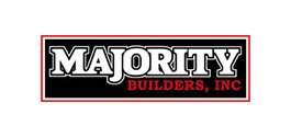 Majority Builders logo with a black rectangle white block lettering and a red border